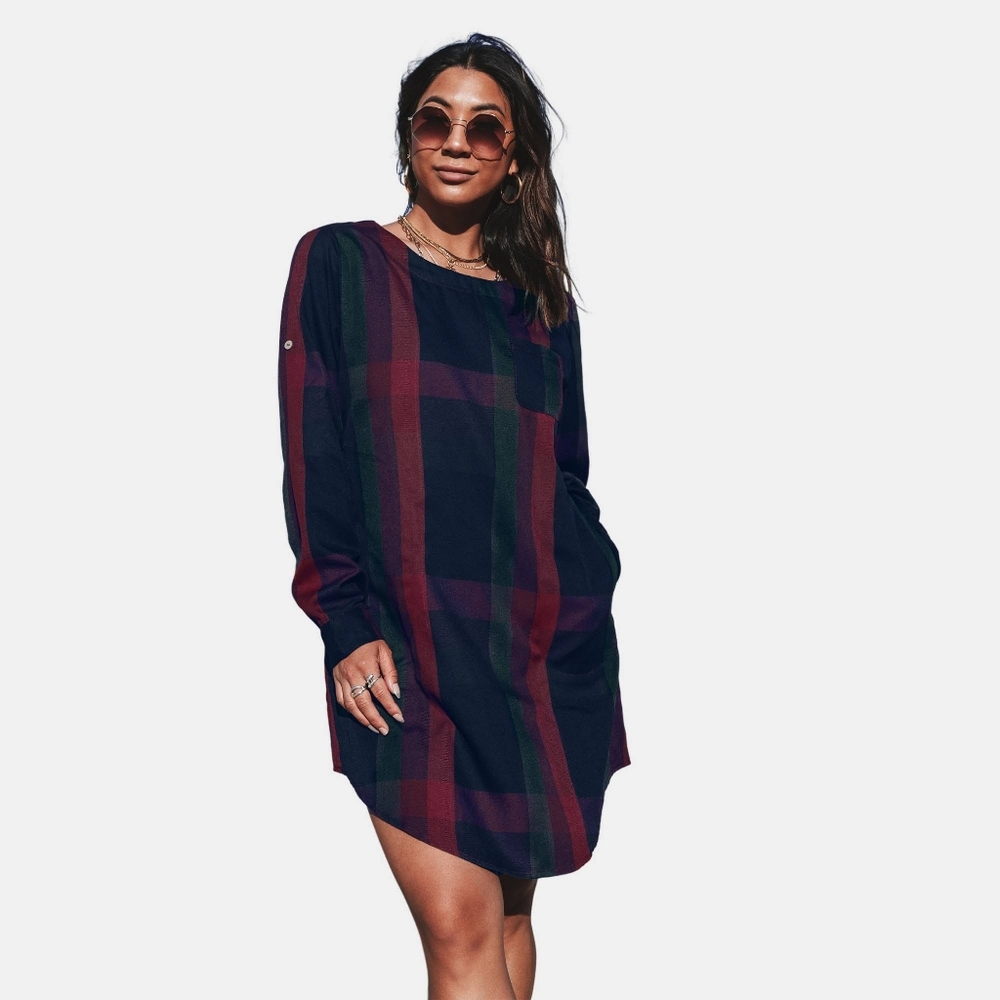 Cupshe Navy, Burgundy & Forest Plaid Long Sleeve Dress